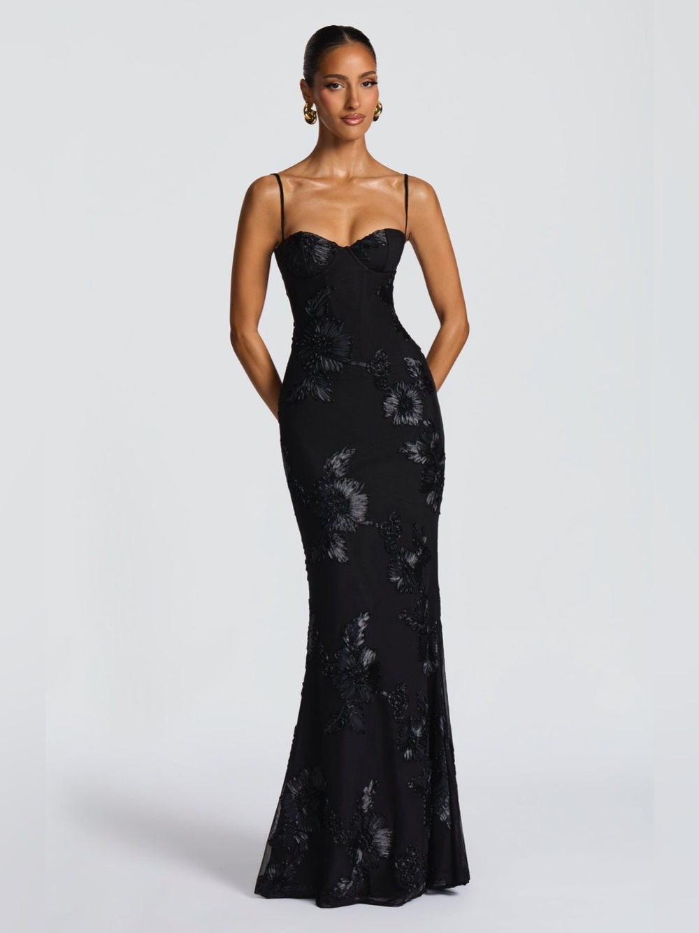 BABYBOO Nefertiti Black Floral Appliqué Corset Maxi Dress M NWT